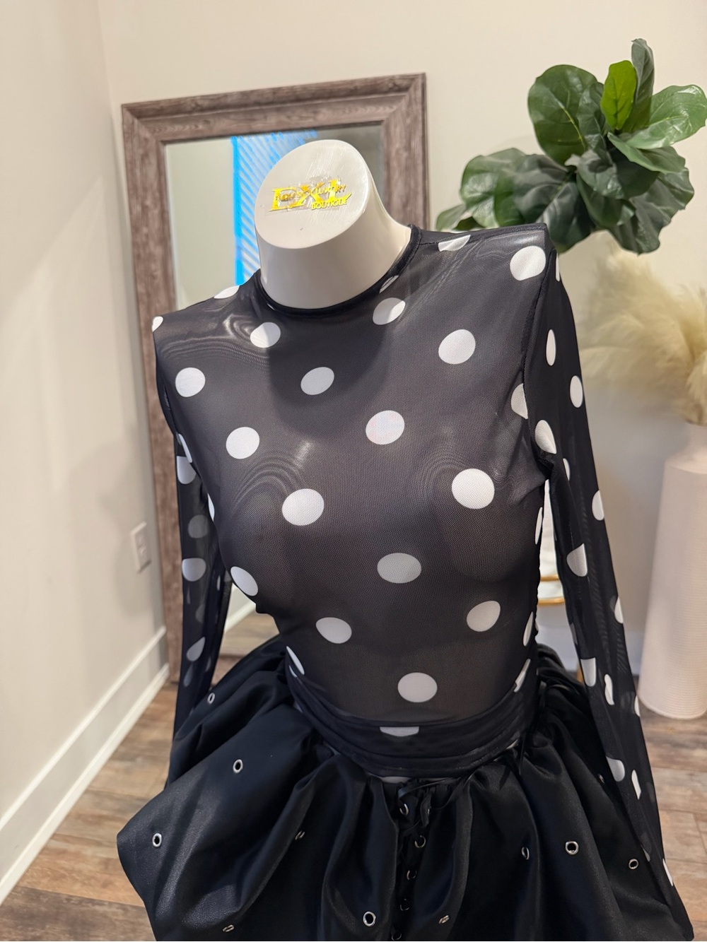 Black Sheer Polka Dot Long-Sleeve Mesh Top